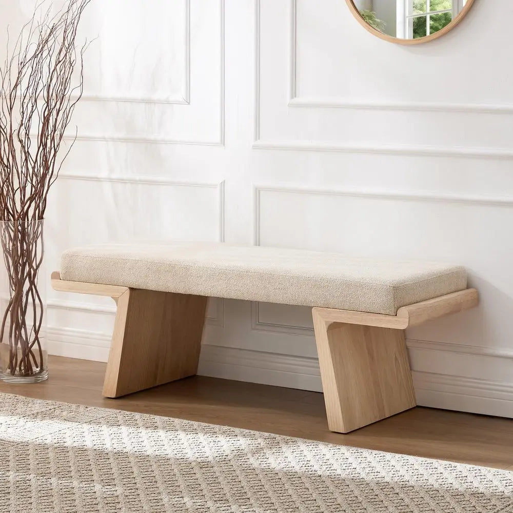 Natural Wood Upholstered Bench, End of Bed Ottoman, Padded Seat