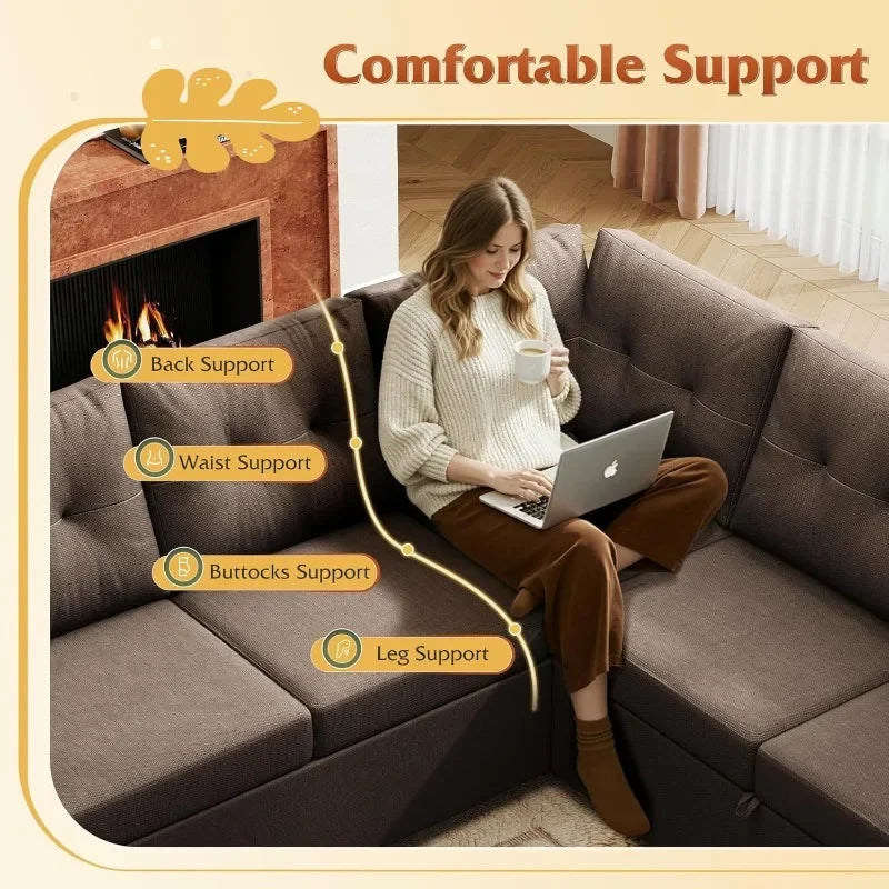 110'' Sectional 7-Seat U-Shape Pull-Out Sleeper, Storage Chaise, Pillows