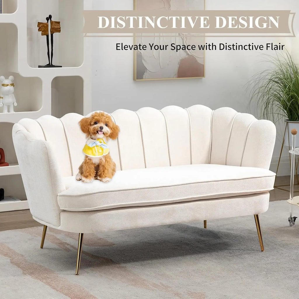 59" Chenille Upholstered Loveseat, Gold Metal Legs, Petal Design
