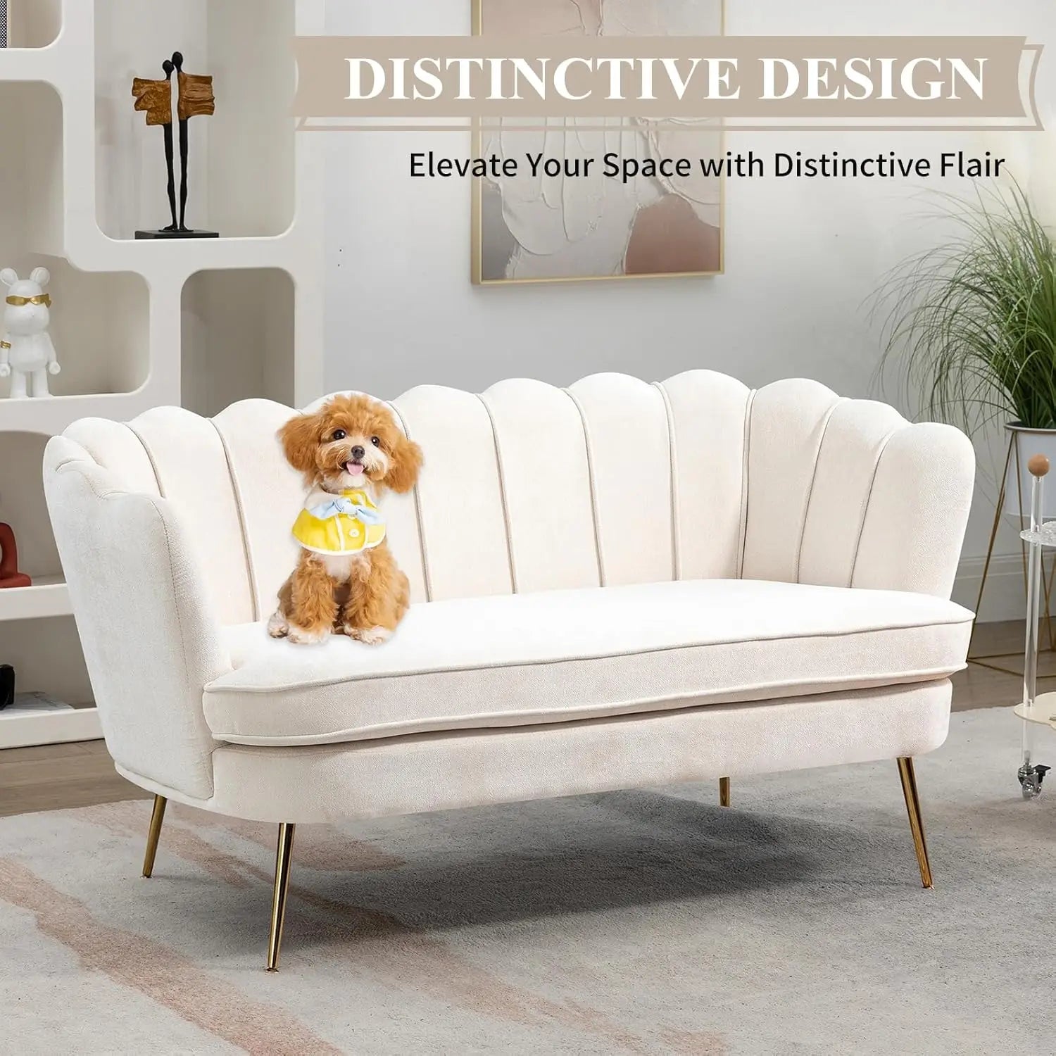 59" Chenille Upholstered Loveseat, Gold Metal Legs, Petal Design