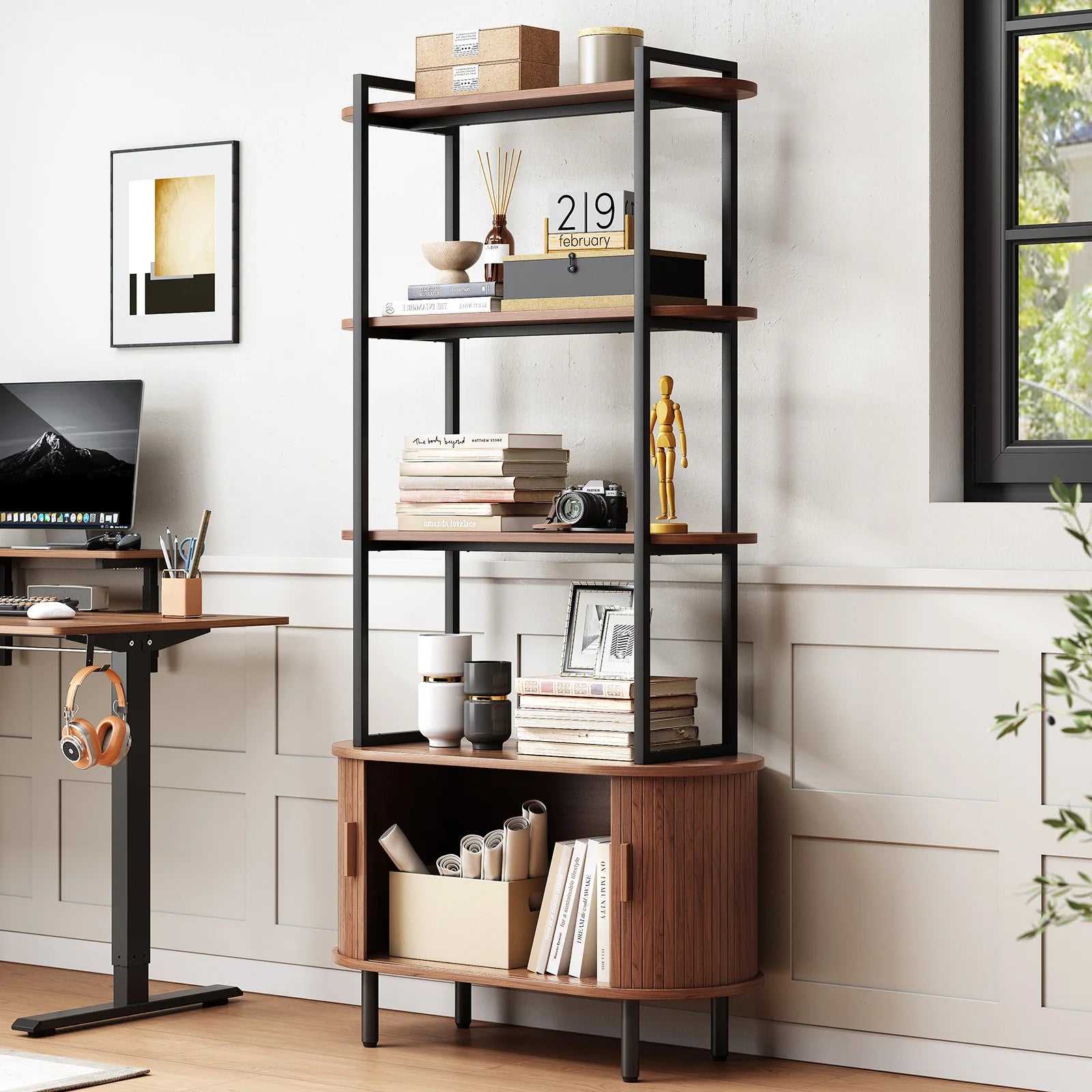 71" Tall, 4-Tier Book Shelf Cabinet, Sliding Door & Adjustable Footpad