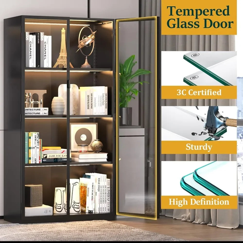 Display, Glass Doors LED Lights, 3 Adjustable Shelves, 4-Tier Shelves
