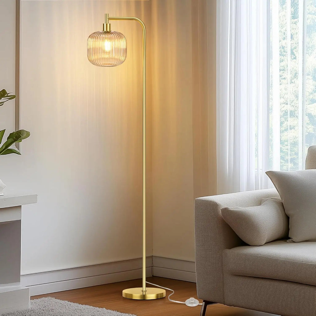 67" Glass Floor Lamp Ribbed Champagne Shade, Brushed Gold Finish