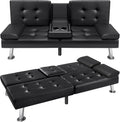 Futon Sofa Faux Leather Couch, Bed Recliner 2 Cup Holders