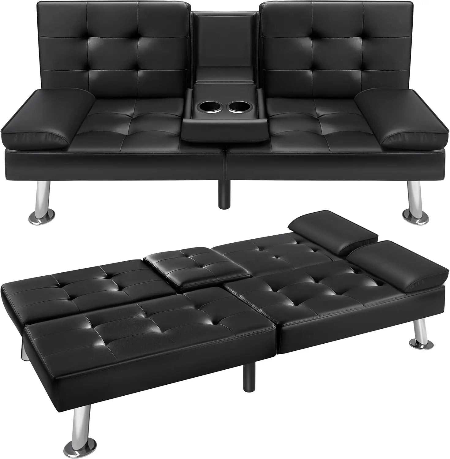 Futon Sofa Faux Leather Couch, Bed Recliner 2 Cup Holders
