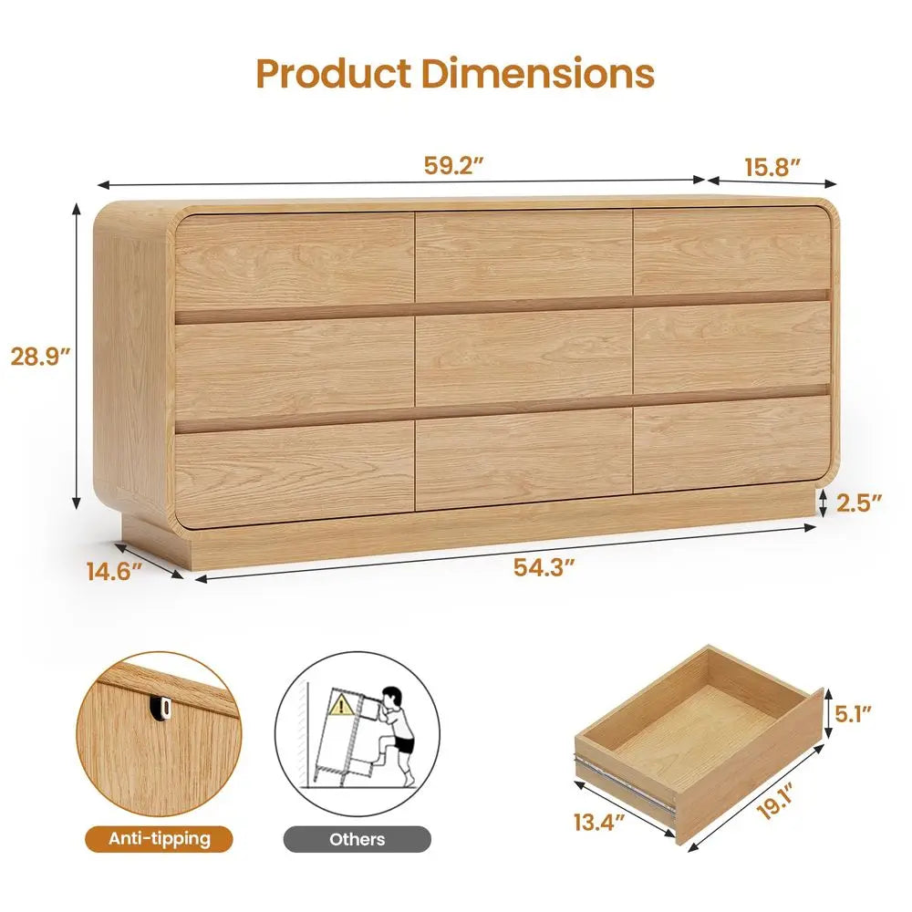 Wooden  9-Drawer 59IN Wide Curved Profile Design