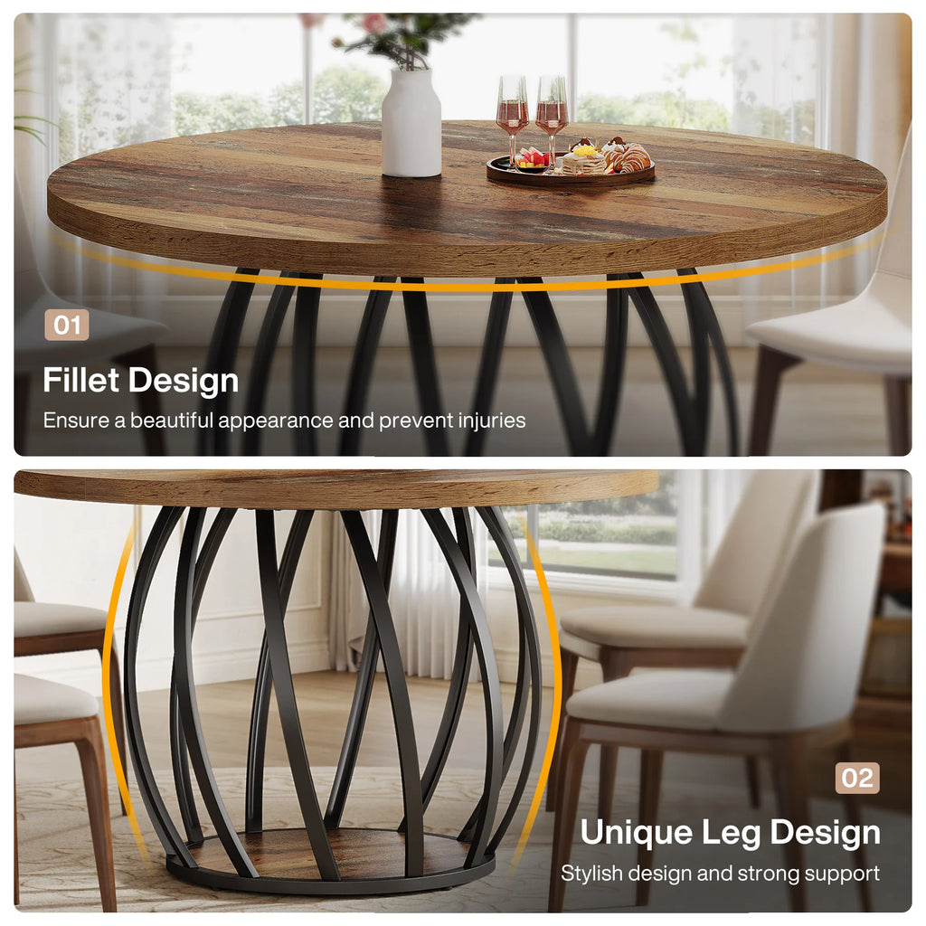 Dining Table, 46IN Round Wood Table, Sturdy Metal Base for 4-6
