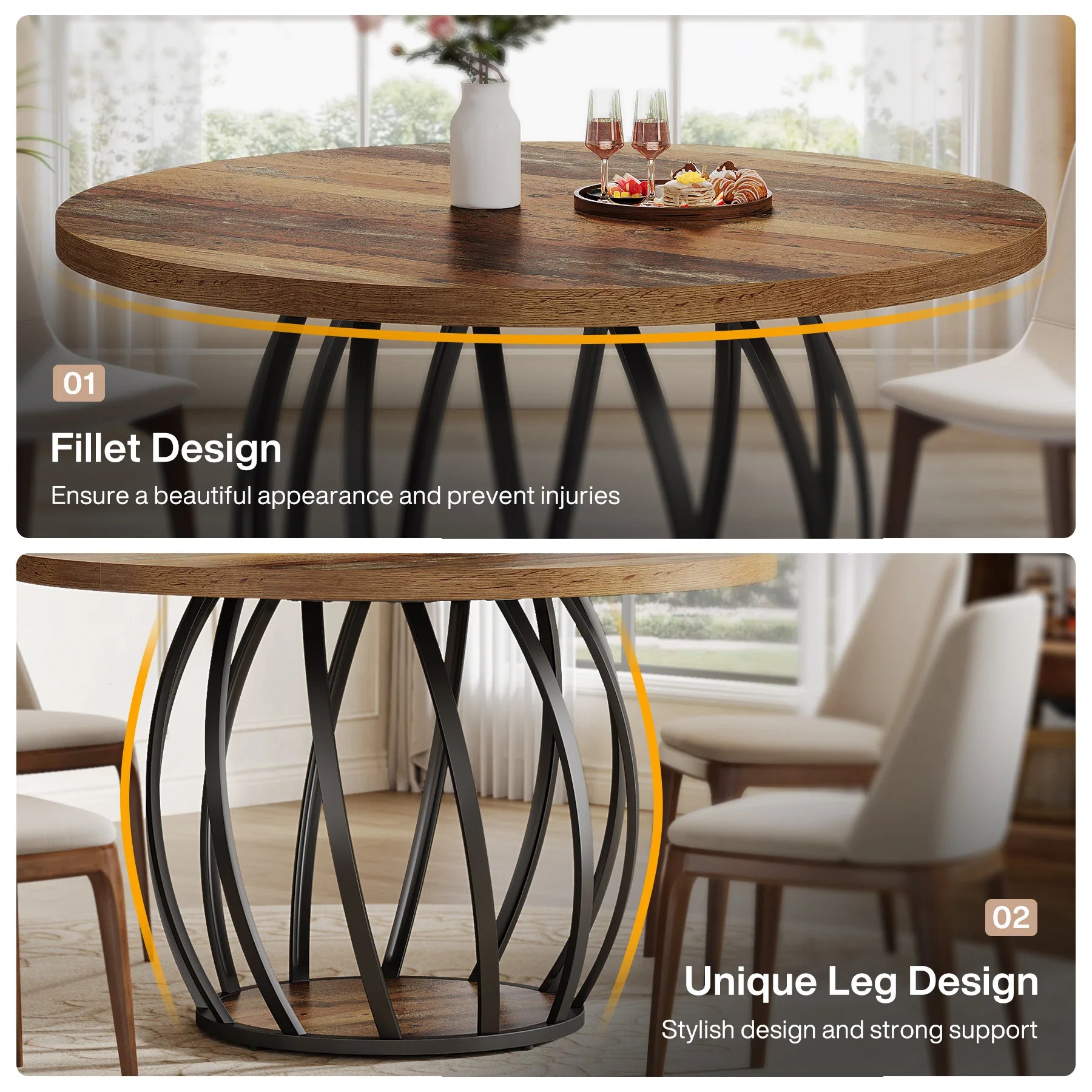 Dining Table, 46IN Round Wood Table, Sturdy Metal Base for 4-6