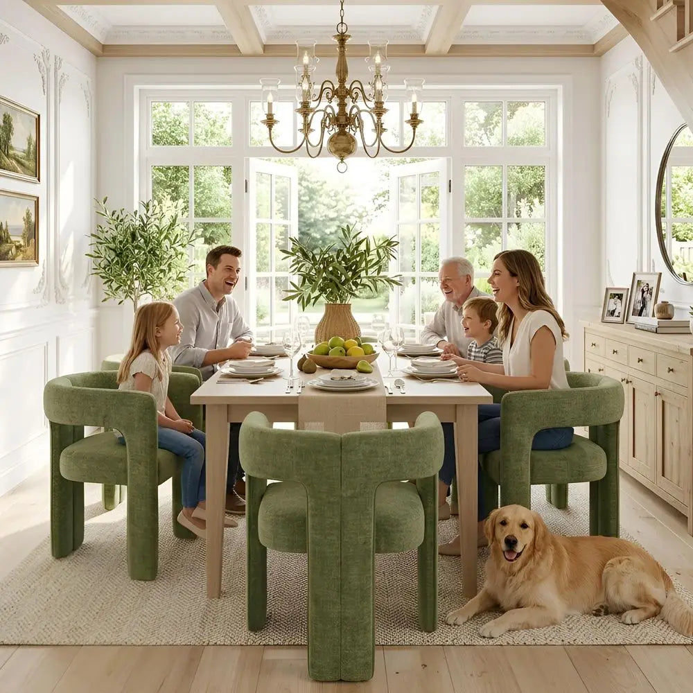 Modern Green Set of 6, Chenille,  Barrel Chairs w/Solid Wood Frame
