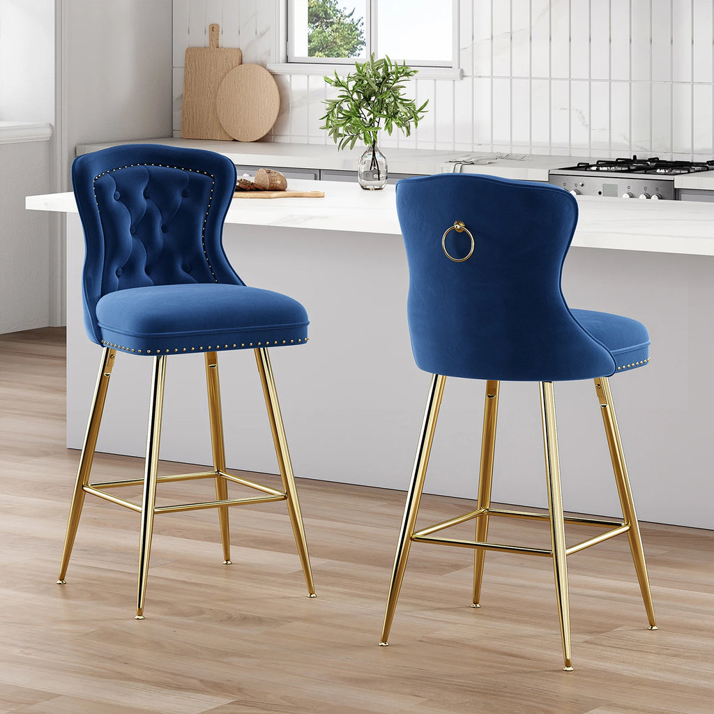2-Set Bar Stools, Counter Height, Metal Legs, Button Tufted, Nail Heads