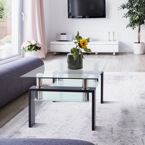 2-Tier Rectangle Black Clear Glass Coffee Table