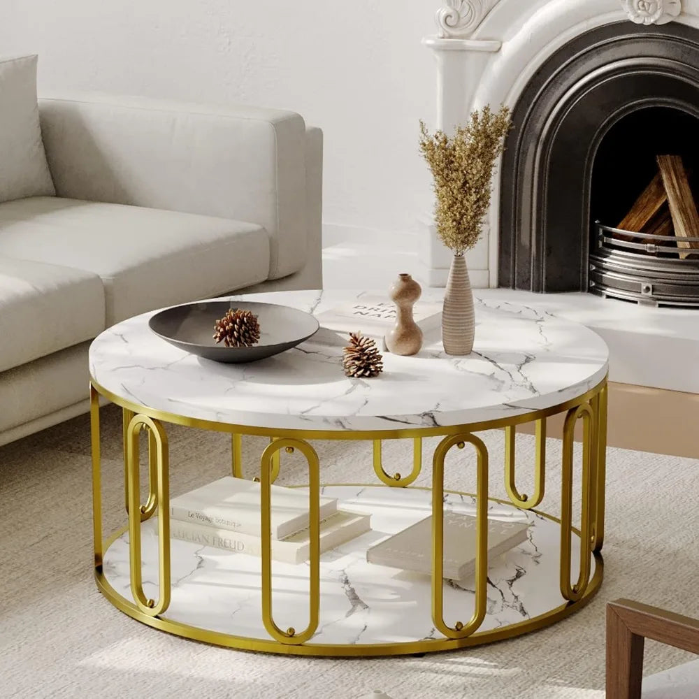 Wooden Marble Pattern Coffee Table, Round Open Storage, Golden Metal Legs