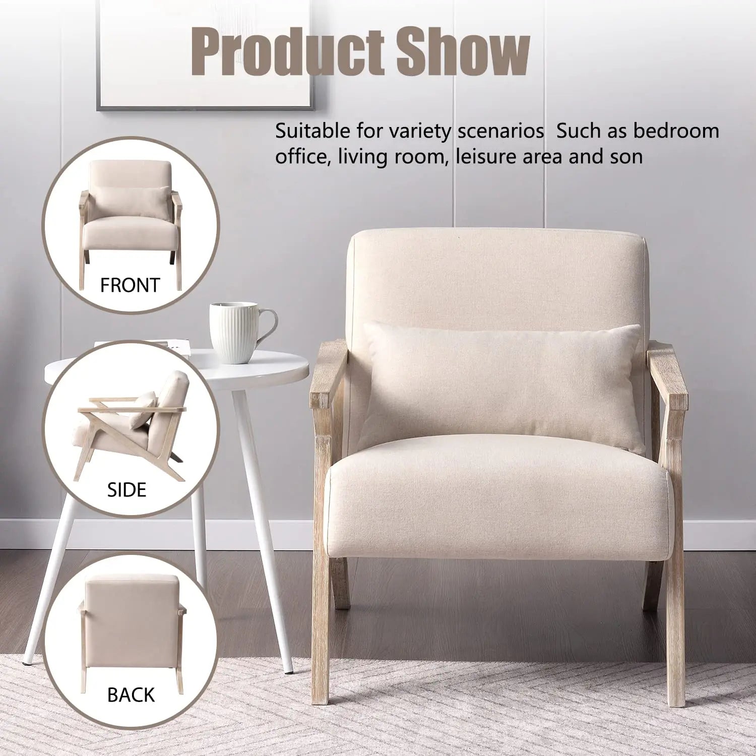 Mid-Century Chair, Wood Frame, Upholstered Armchair, Waist Cushion