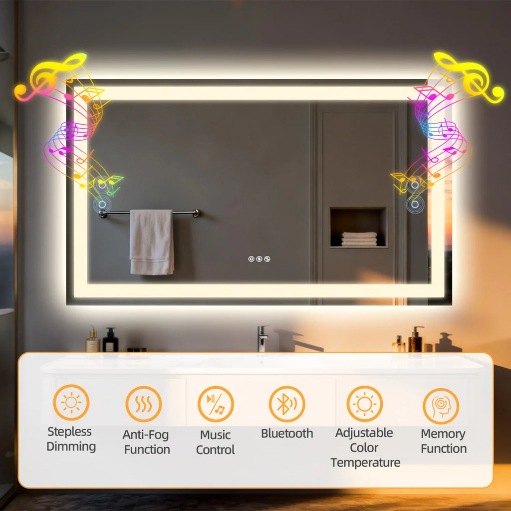 50/60/120cm Mirror LED Dimmable Backlit Built-in Bluetooth Speaker Waterproof Anti-Fog