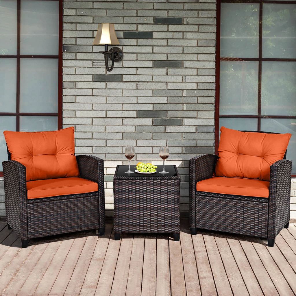 3-PC Patio Rattan Furniture Set Cushioned Conversation Set Sofa