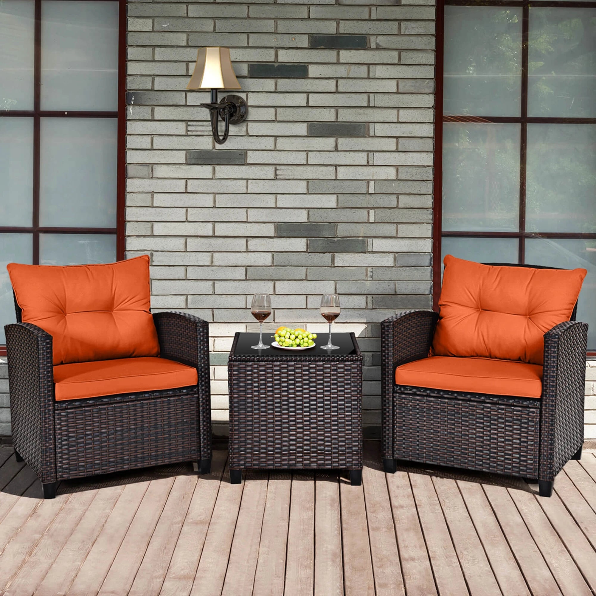 3-PC Patio Rattan Furniture Set Cushioned Conversation Set Sofa