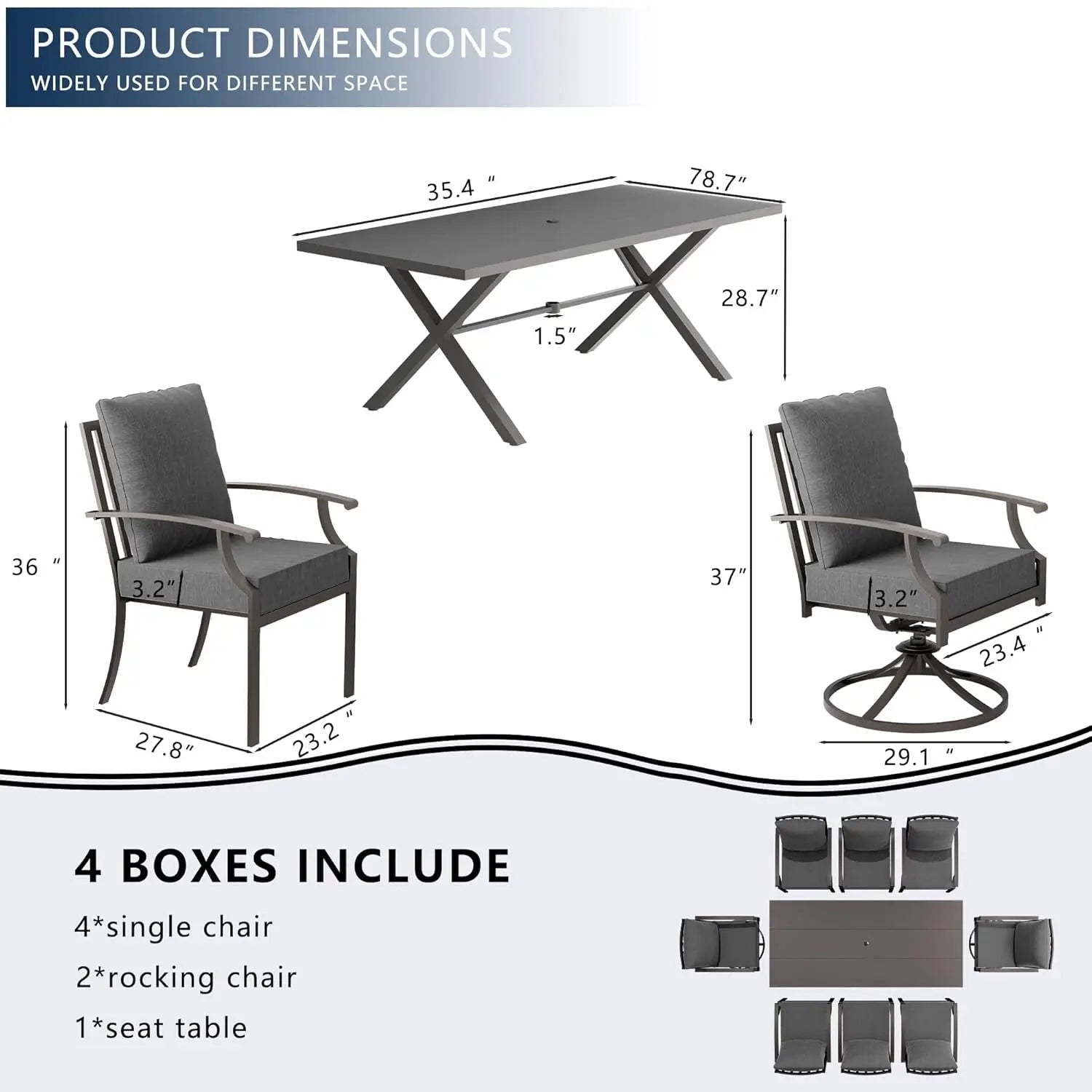 7-Piece Outdoor Set for 6, Metal Patio Table Chairs Cushions, 2 Swivel
