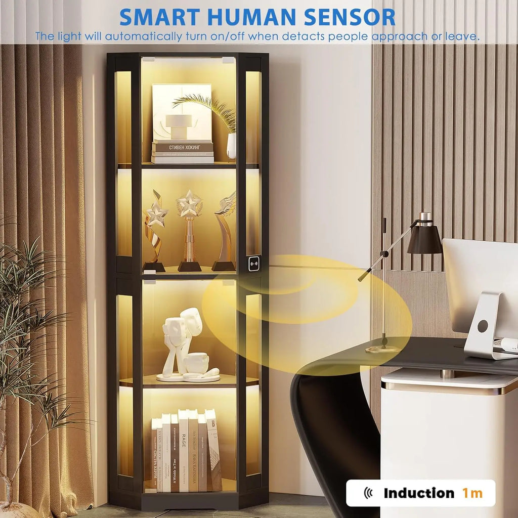 65" Corner Glass Display, LED Lights, 4-Tier, Glass Doors & Human Body Sensor