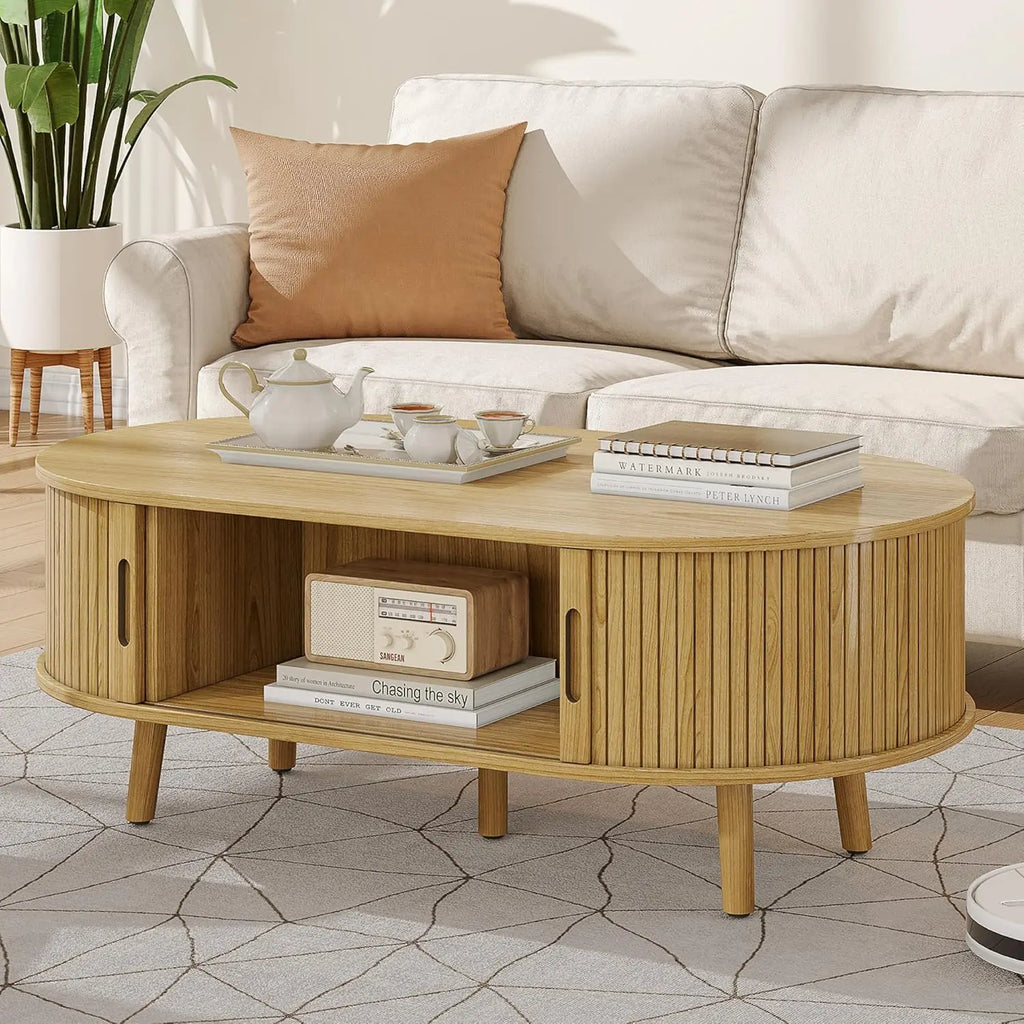 Oval Coffee Table Tambour Door Fluted Hidden Storage Walnut