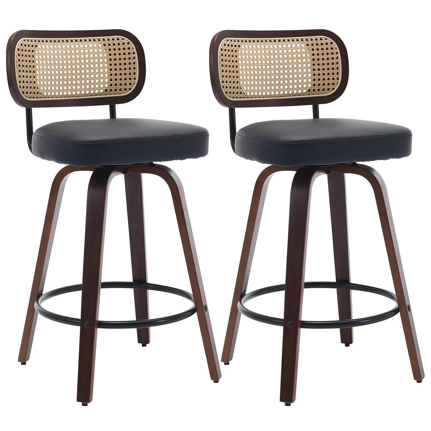 360° Swivel Bar Stools, Low Back Set-of-2, Cherry Wood, Beige PU Upholstered