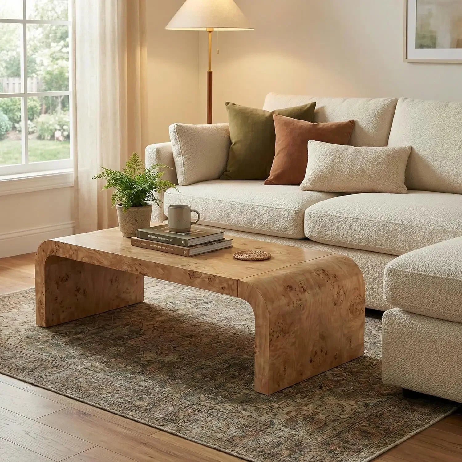 Burl Veneer Wood Coffee Table With Curved Edges