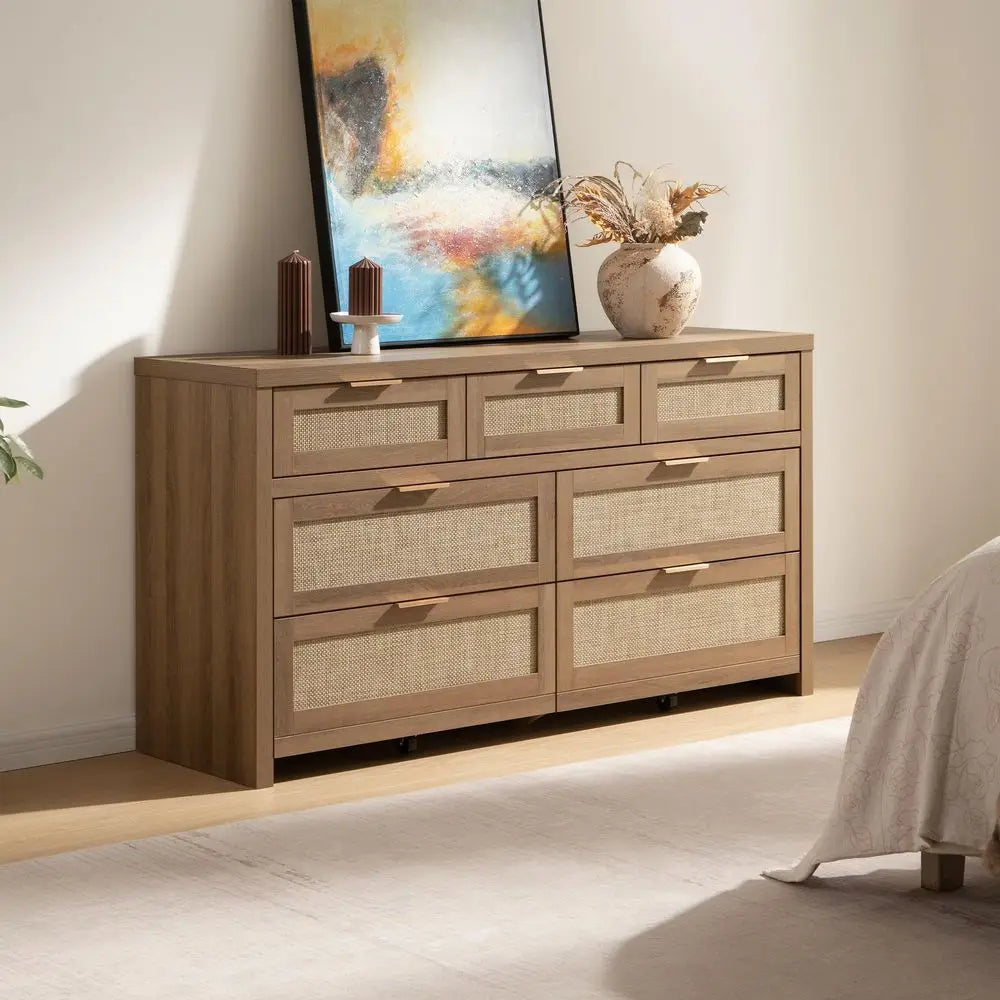 7-Drawer Dresser 57IN Wide Rattan Dressers, Large Chest of Drawers