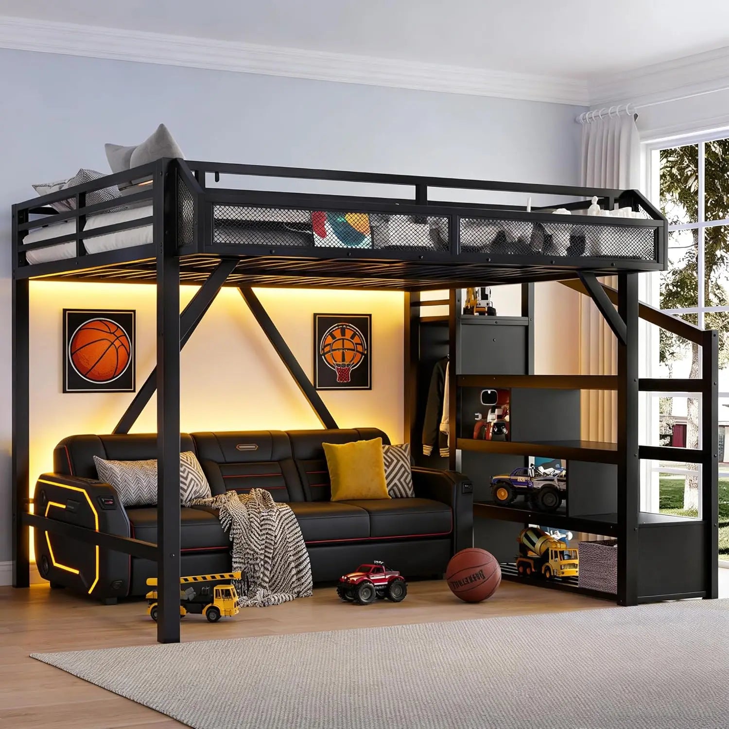 Metal Queen Size Heavy Duty Loft Bed, Stairs, Wardrobe, LED, Charging Station