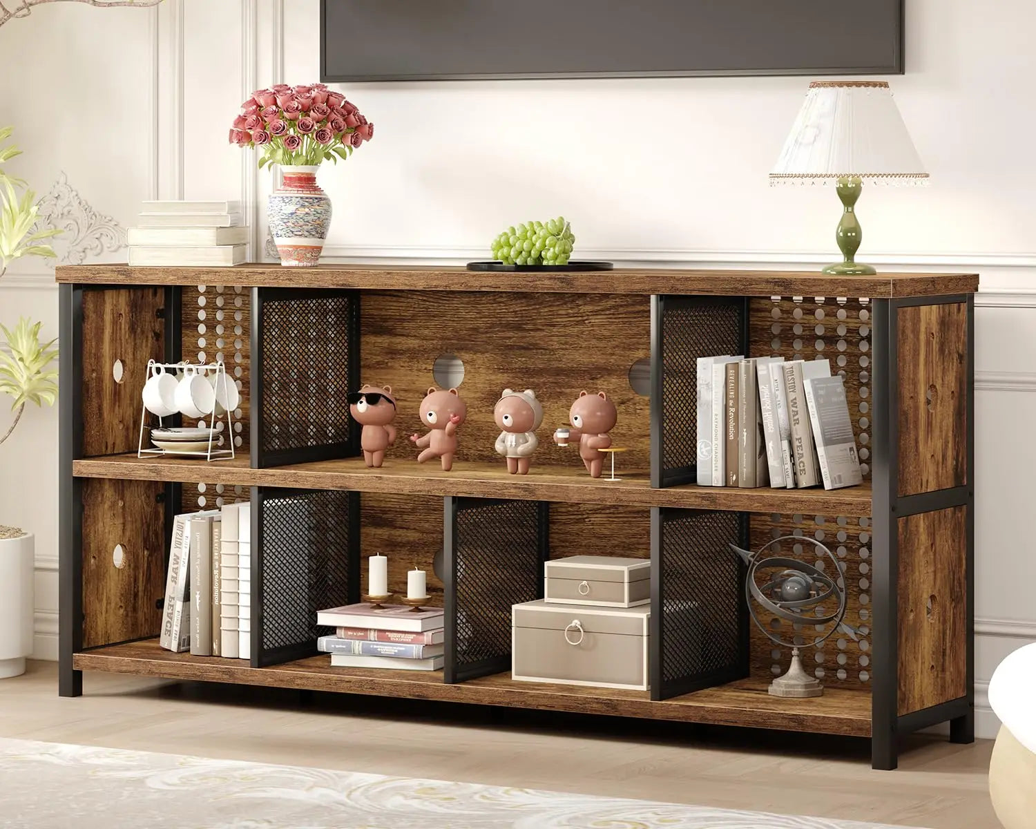 Rustic Horizontal Bookshelf, Industrial Large Wide Bookcase Cube Storage