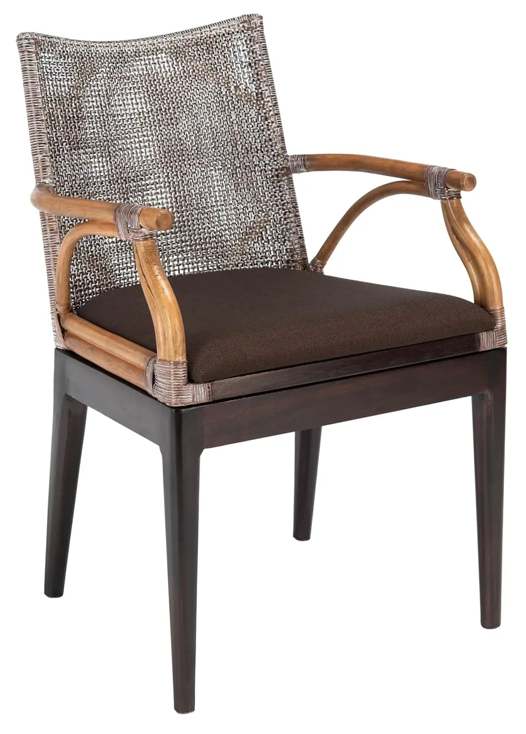 Brown & Black Solid Wood Rattan Arm Chair, Tropical Seating
