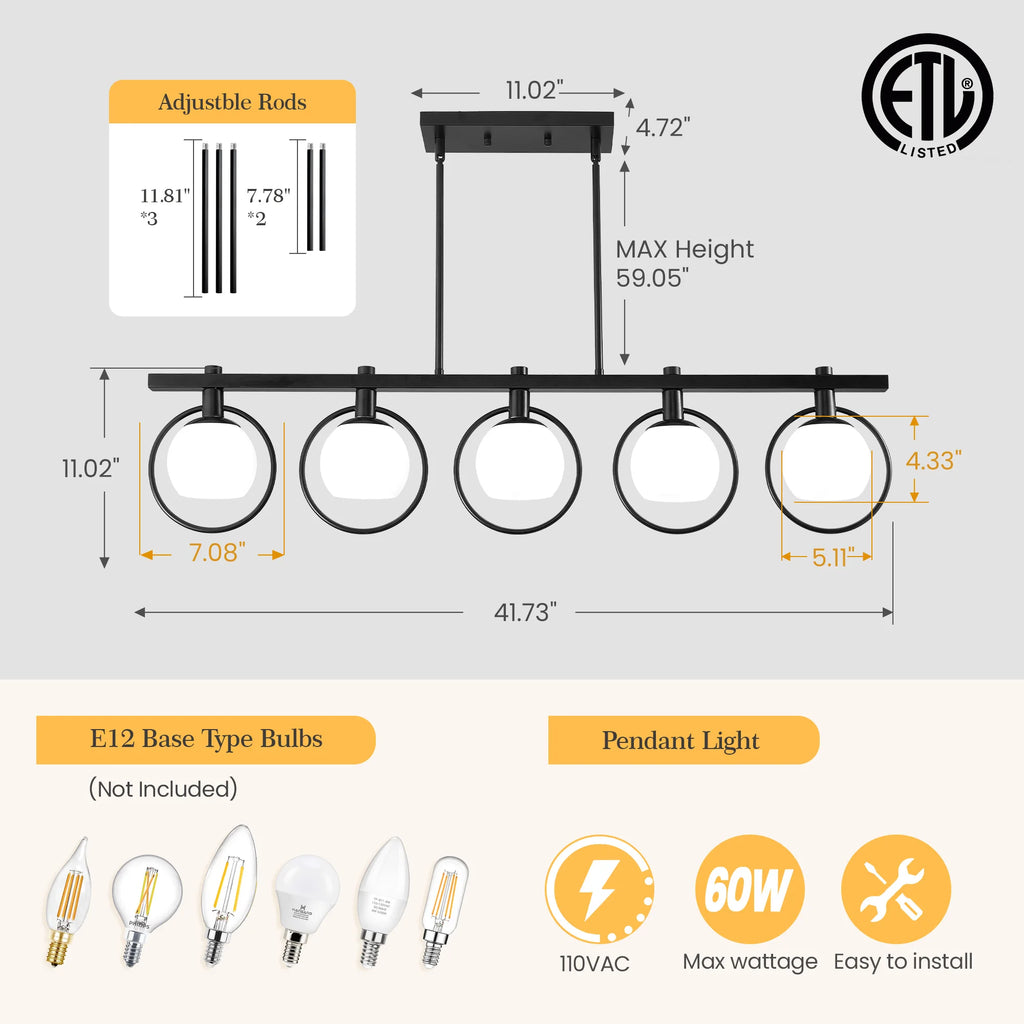 5-Light Adjustable Chandelier with Glass Shades Black Metal Frame