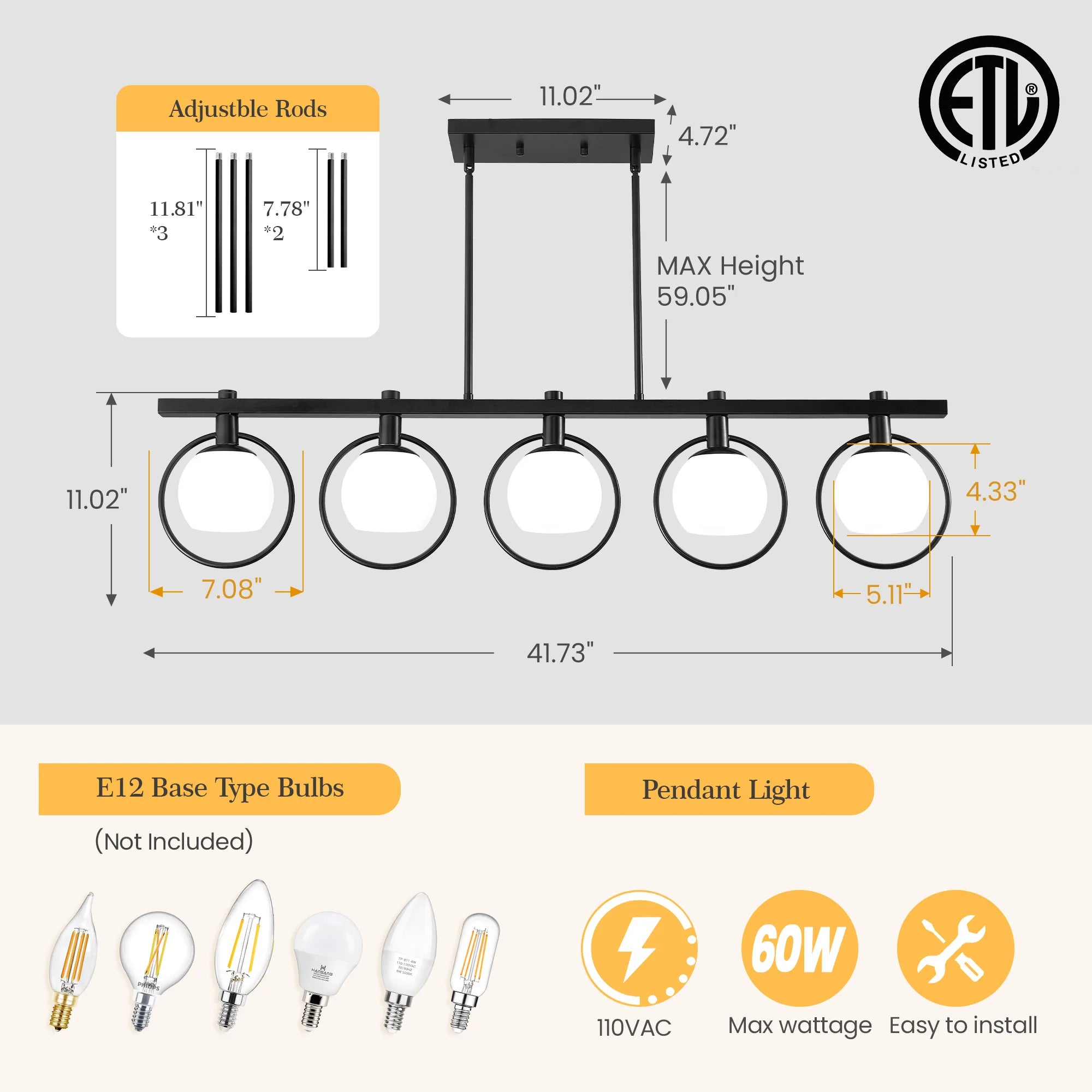 5-Light Adjustable Chandelier with Glass Shades Black Metal Frame