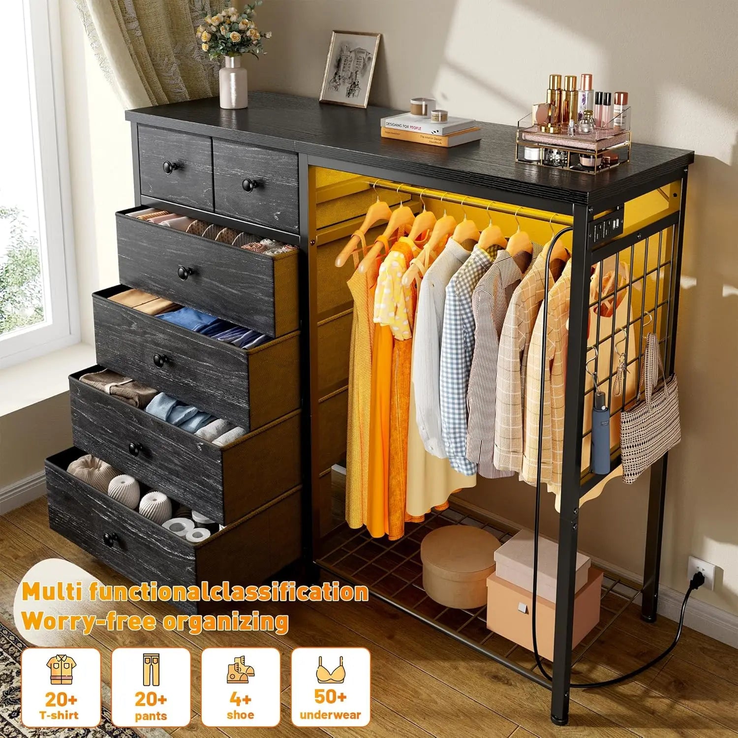 49.2" Dresser w/Hanging Rack, 6 Drawers, LED Lights , Charging Station, Fabric Dressers