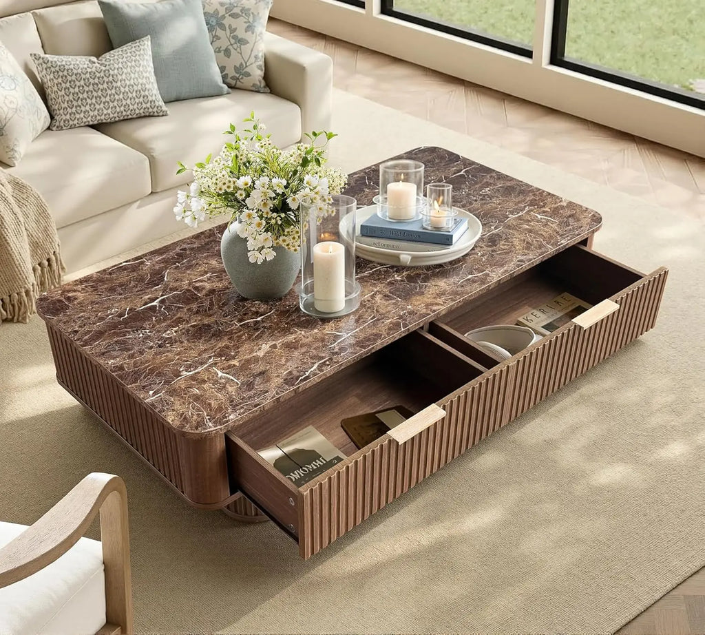 Fluted Coffee Table Storage, Faux Marble Top, Minimalist Rectangle Shape