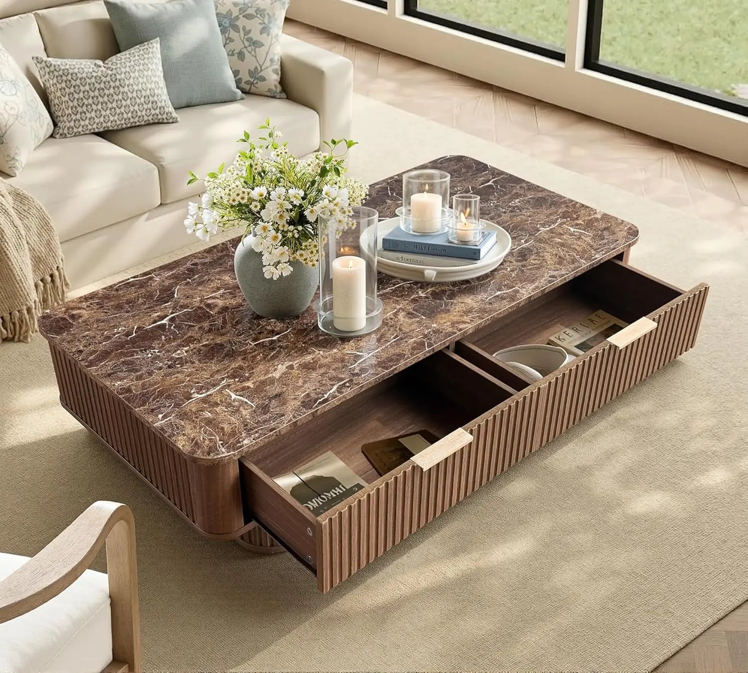 Fluted Coffee Table Storage, Faux Marble Top, Minimalist Rectangle Shape