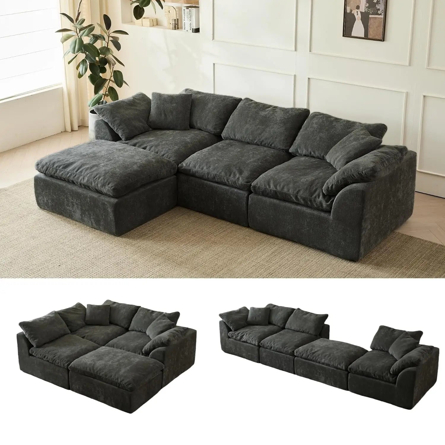 110" Cloud Sectional Couch Convertible L-Shape Boneless, Ottoman, 3 Seater