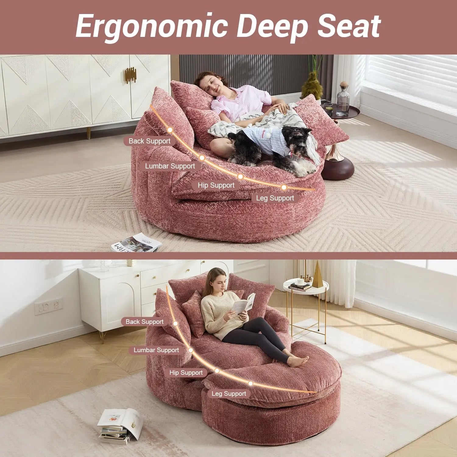 54IN Chenille Chaise Lounge Bean Bag Sofa Bed Oversized and Plush