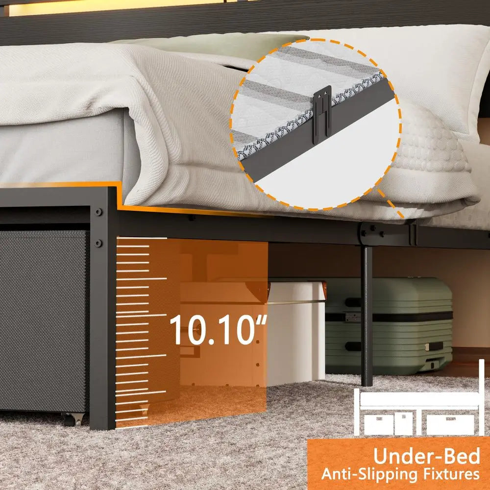 Queen Bed LED Light Headboard Black Platform 2-Drawers Charging Station