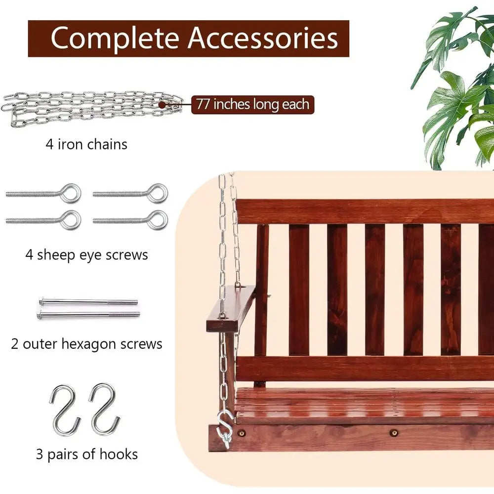 48" Wood Porch Swing 800 LBS Load Two-Person Seating