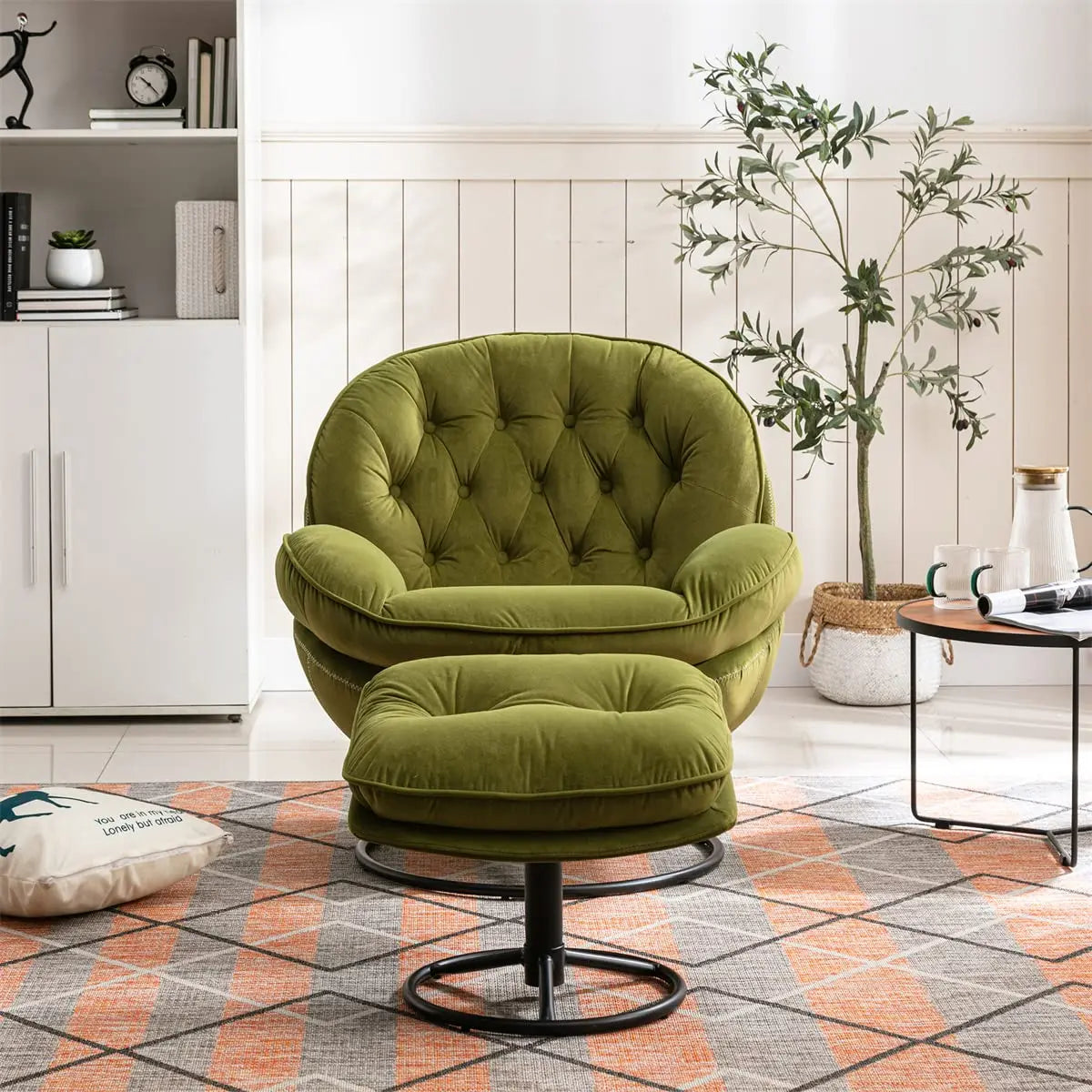 Swivel Accent Lounge Chair, Ottoman Set, Velvet Button Tufted Recliner