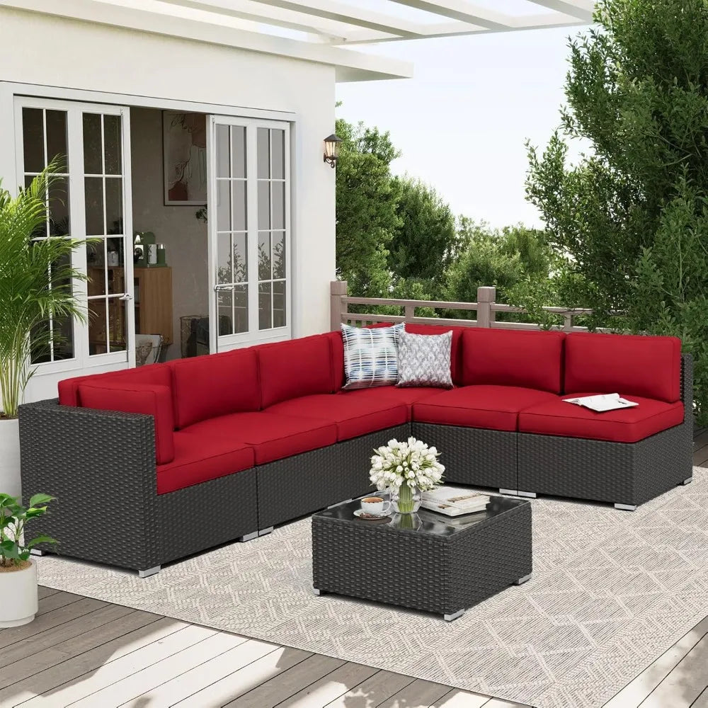 7-Piece Patio Sofa Black Rattan Wicker, Glass Top Table, Cushions