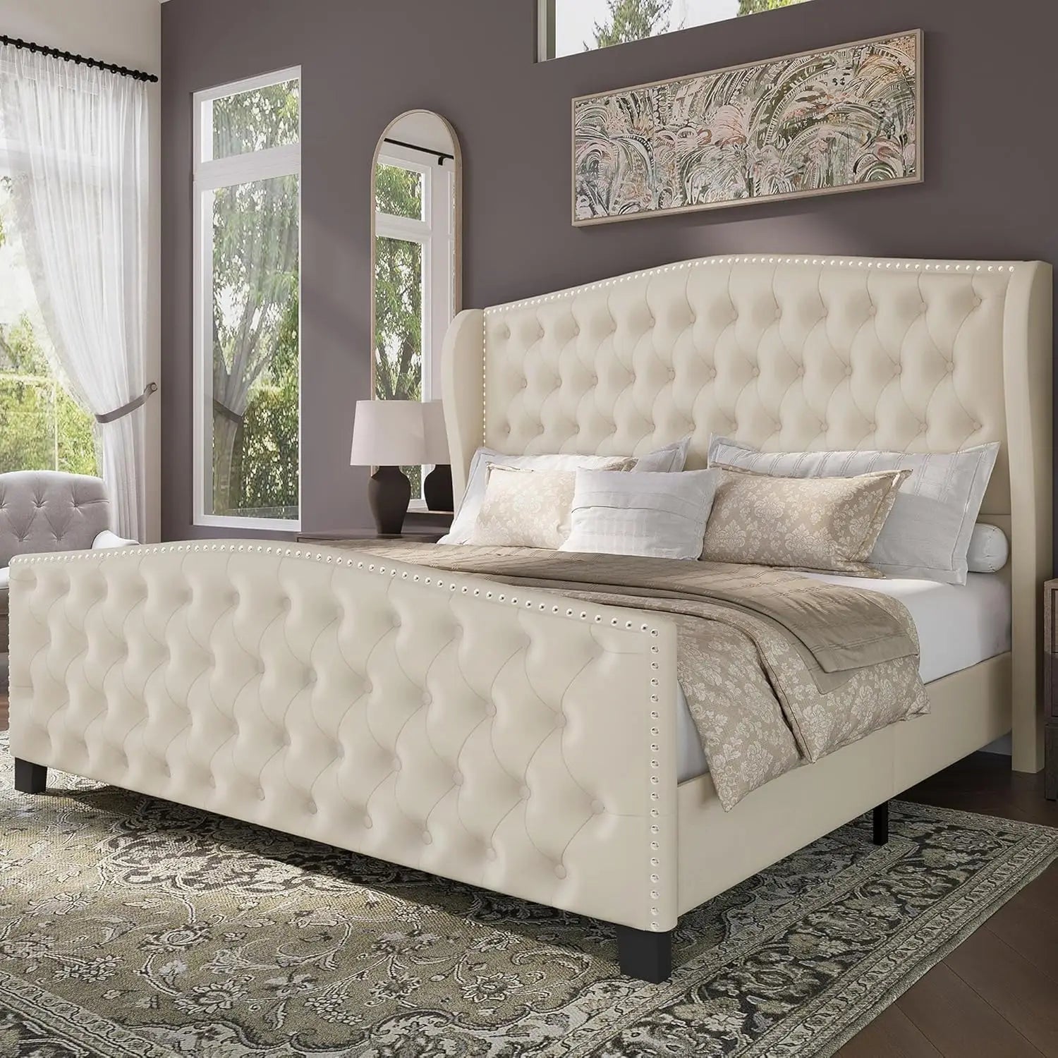 King Black Velvet Upholstered Platform Wingback Headboard Footboard Tufted Slats No Box Spring