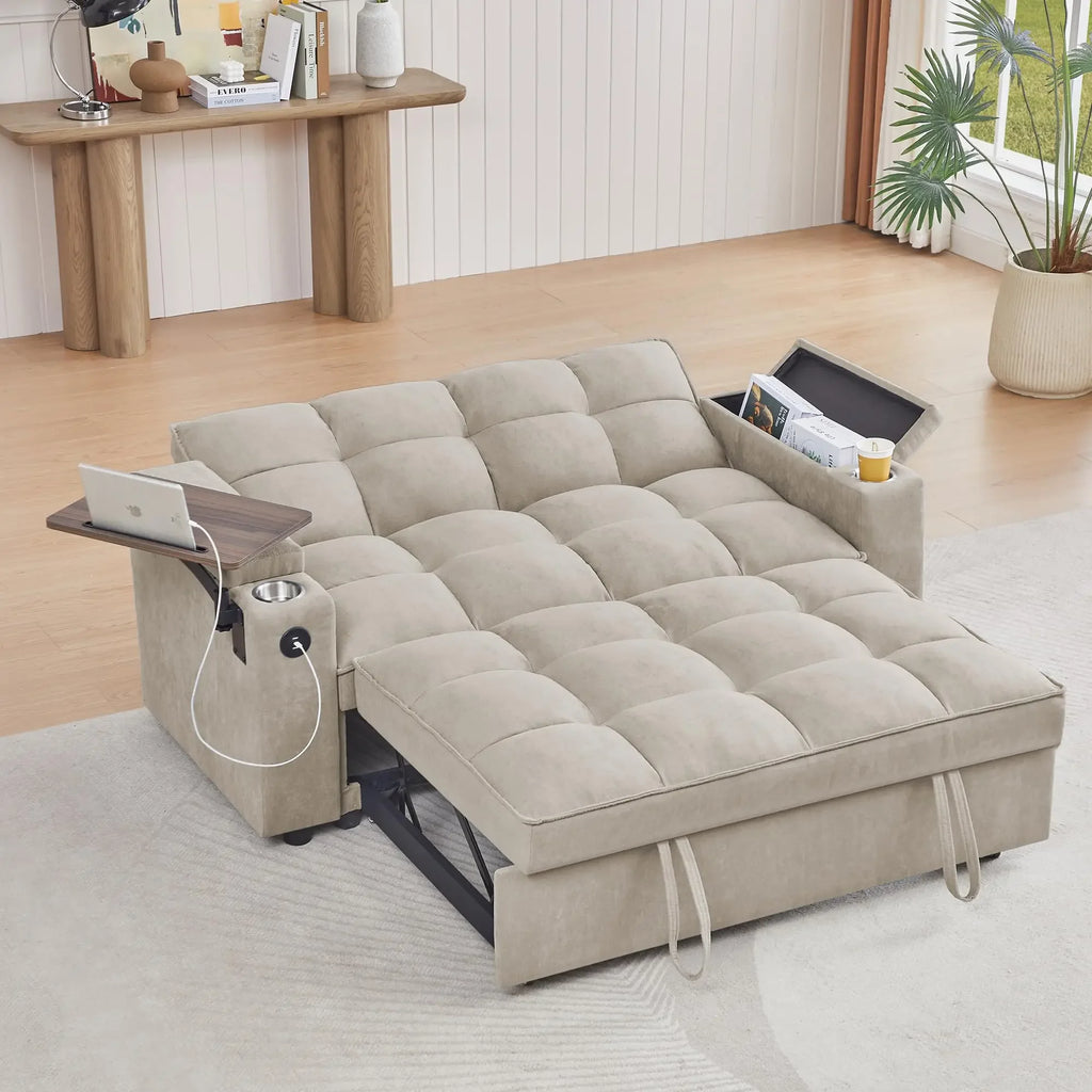 65'' 3-in-1 Folding, Pullout, Convertible Sofa Bed, 360° Swivel Side Table