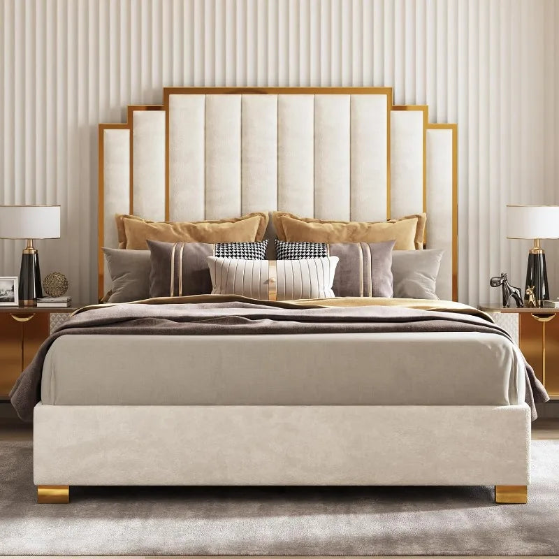 Velvet Bed Frame w/65.4” Tall Gold Trim Headboard, No Box Spring Needed
