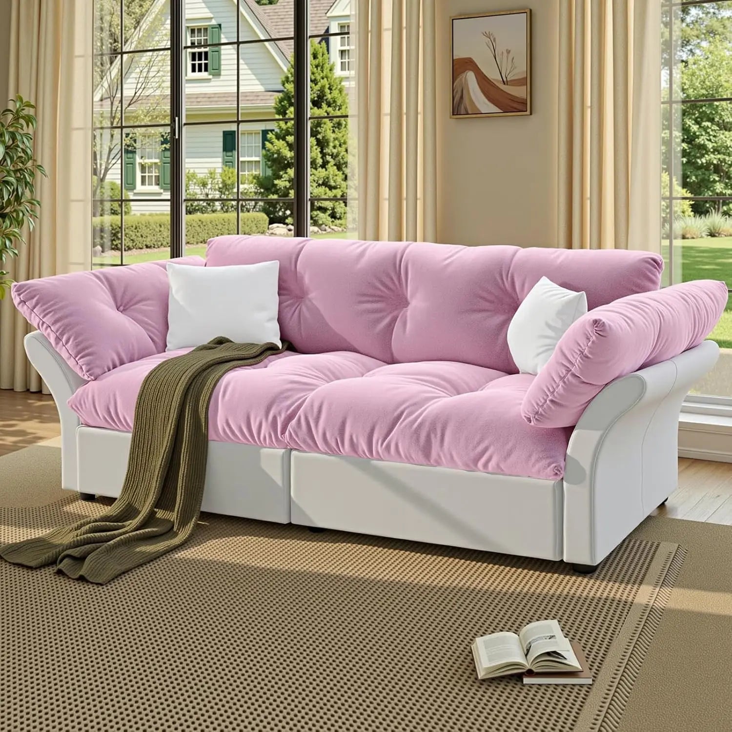 74.8" 3-in-1 Queen Velvet Convertible Pull-Out Sofa Bed, Pockets
