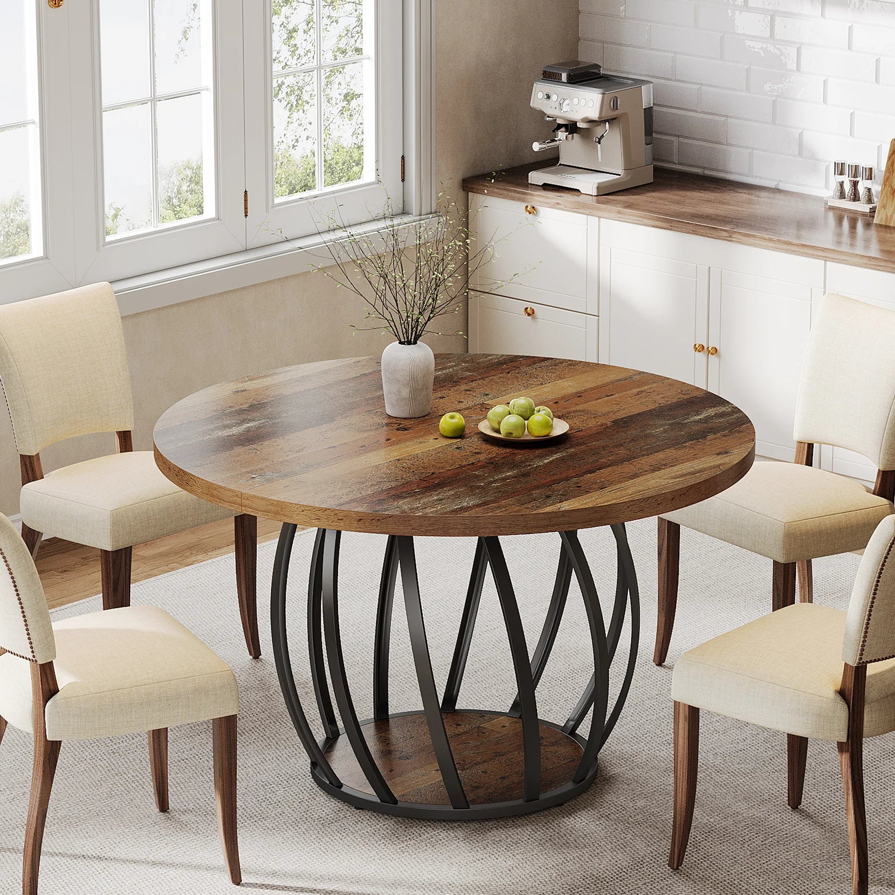 Dining Table, 46IN Round Wood Table, Sturdy Metal Base for 4-6