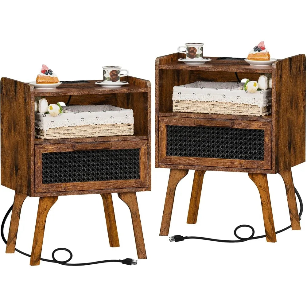 Rattan Nightstands Set of 2, Charging Station, Drawer, Solid Wood Legs