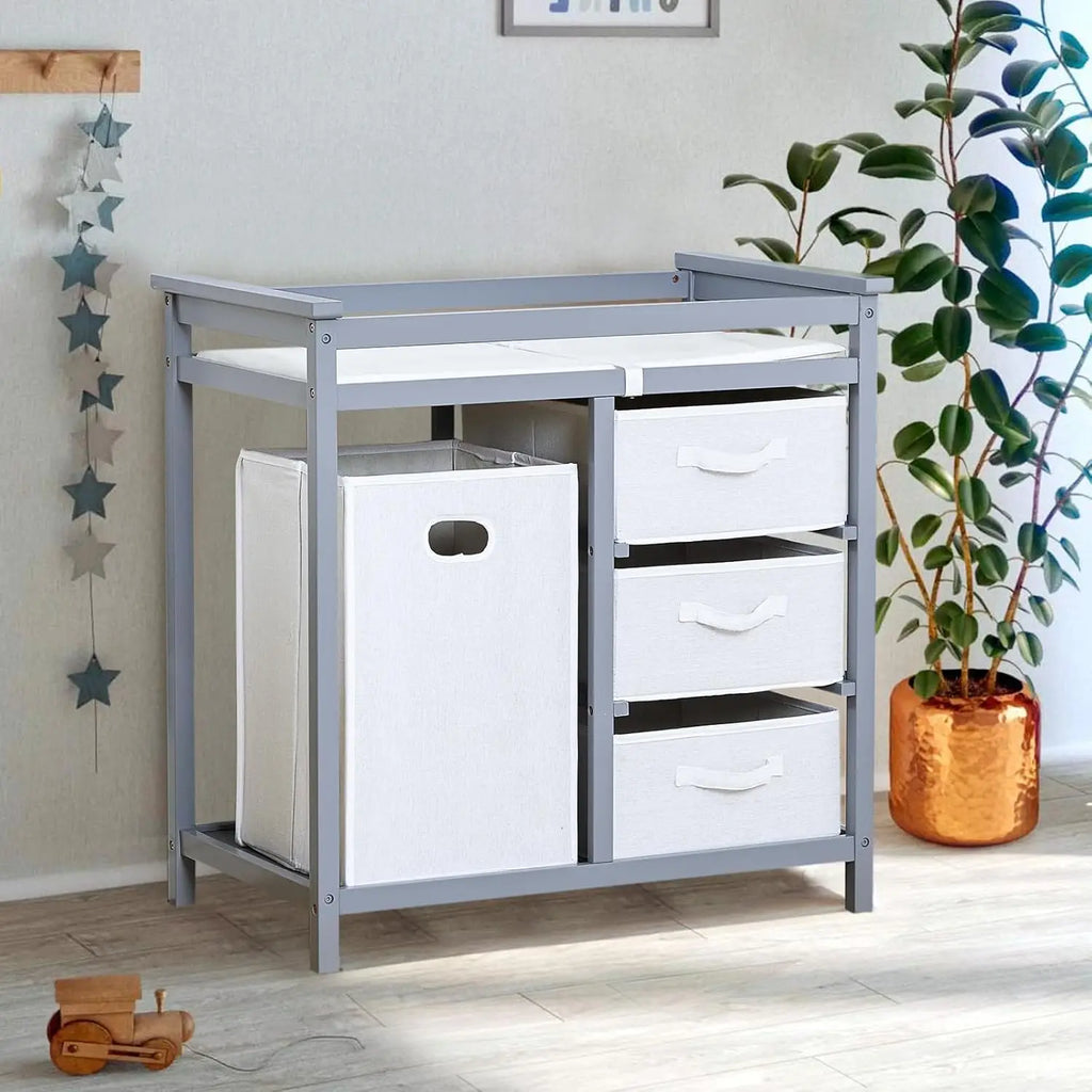 StrollerWooden Baby Changing Table, Wooden Infant Diaper Changing Station Dresser with Laundry Hamper, 3 Drawer Basket and Chang