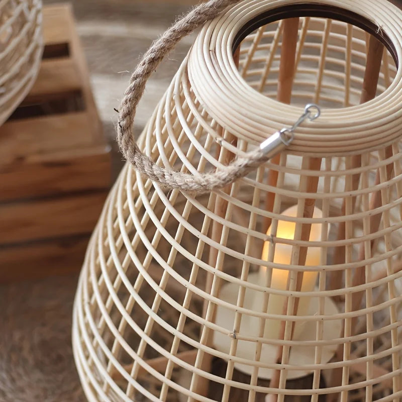 Hand-Woven Vine Lamp with Candle Holder – Rustic Floor Standing Lantern