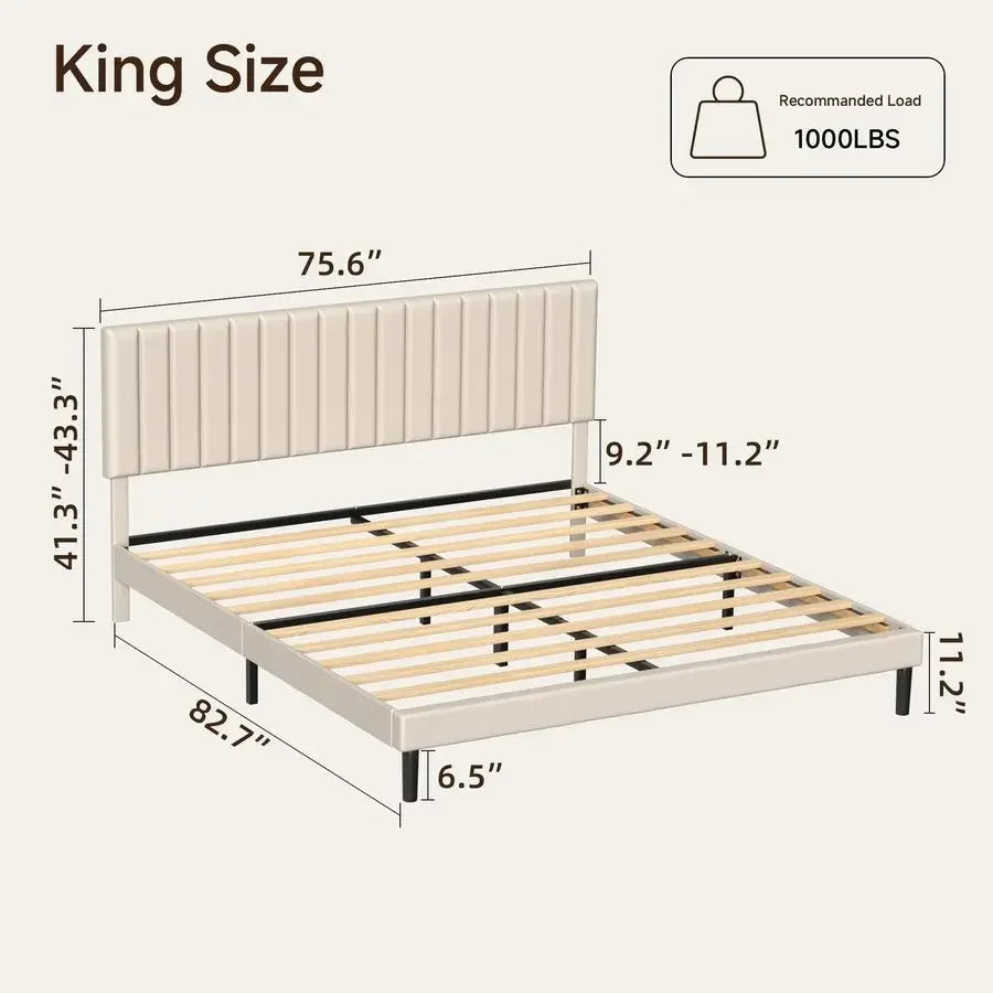 Velvet Platform Frame Vertical Tufted Headboard, No Box Spring Needed