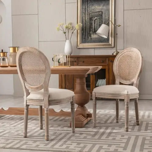 Set-of-2 French Round Back Upholstered Solid Wood Dining Chairs Armrest